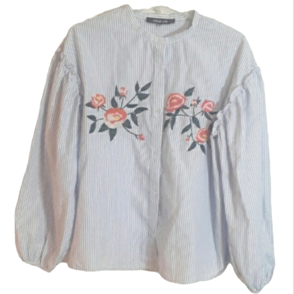 ⭐ SUGARLIPS Womens Shirt Blue White Striped Embroidered Floral Roses Small